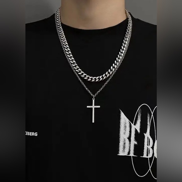 Stainless Steel Cross Necklace Men Women Unisex Religious Christian Layered New - Picture 4 of 10